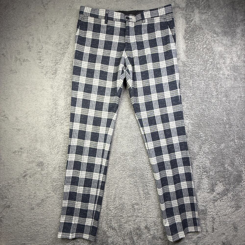 Xagon Man Italy Plaid Wool Blend Dress Pants Navy Gray Men 34x33 Slim Black Line